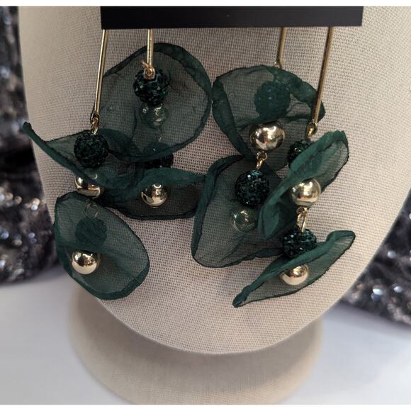 Noir Green Organza Petal Earrings with Gold Beads - Picture 5 of 7